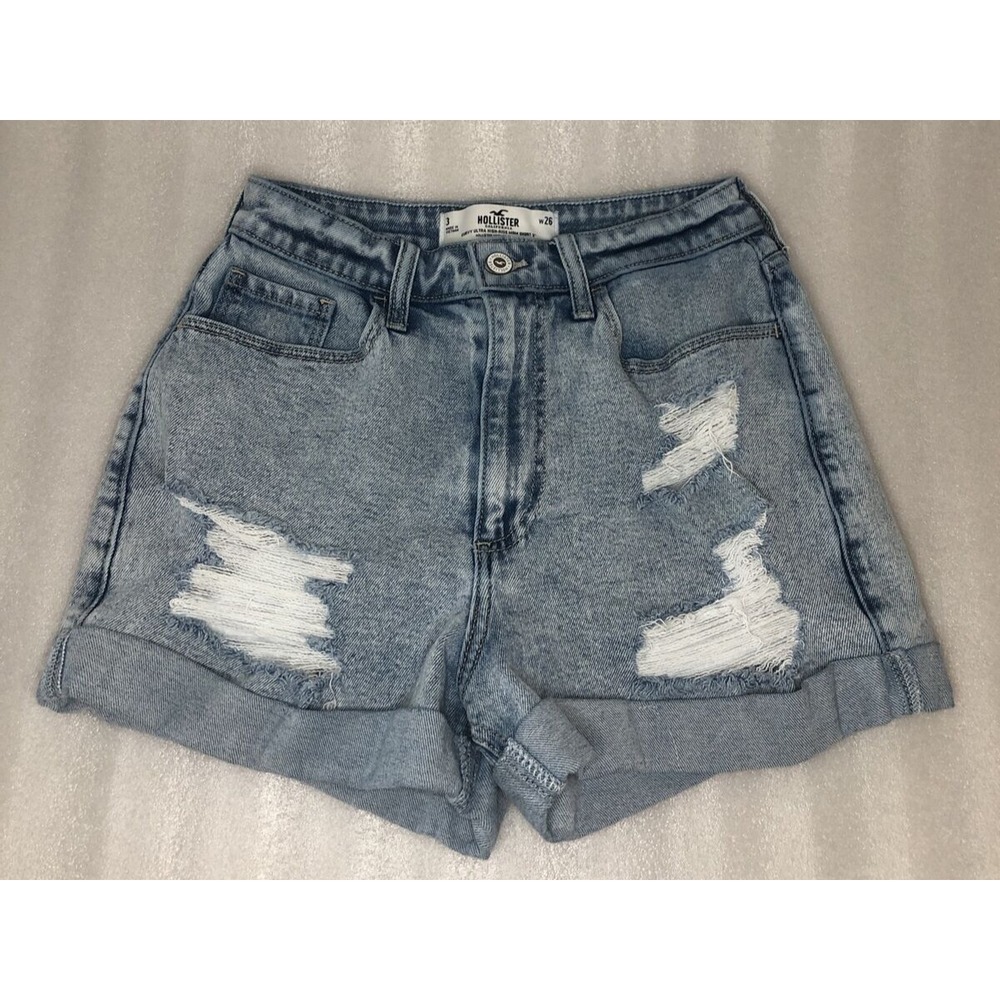 Hollister Curvy Ultra High Rise Mom Shorts 3" Distressed Denim Jean Size 3 W26